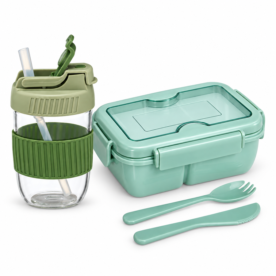 Kit pausa pranzo verde · Borraccia in vetro e lunch box con posate