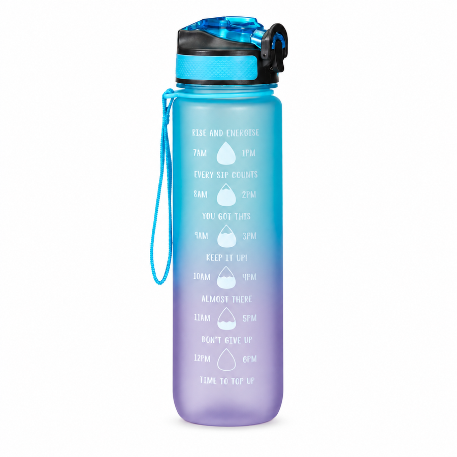 Borraccia sportiva azzurro e lilla con cannuccia, 1 litro