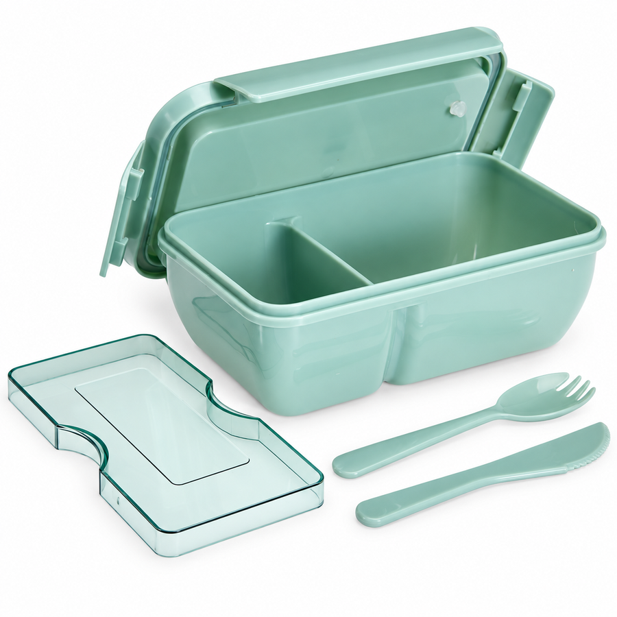 Lunch box verde a due scomparti con posate