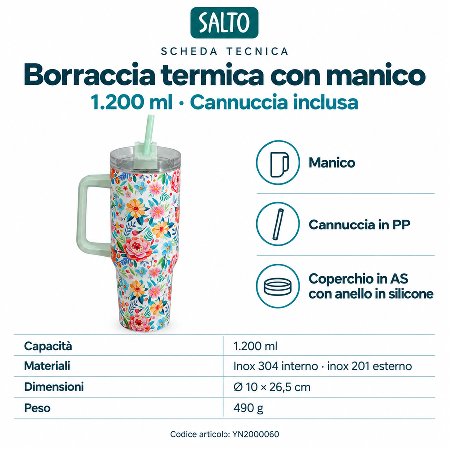 Borraccia termica floreale verde menta con manico e cannuccia, 1200 ml