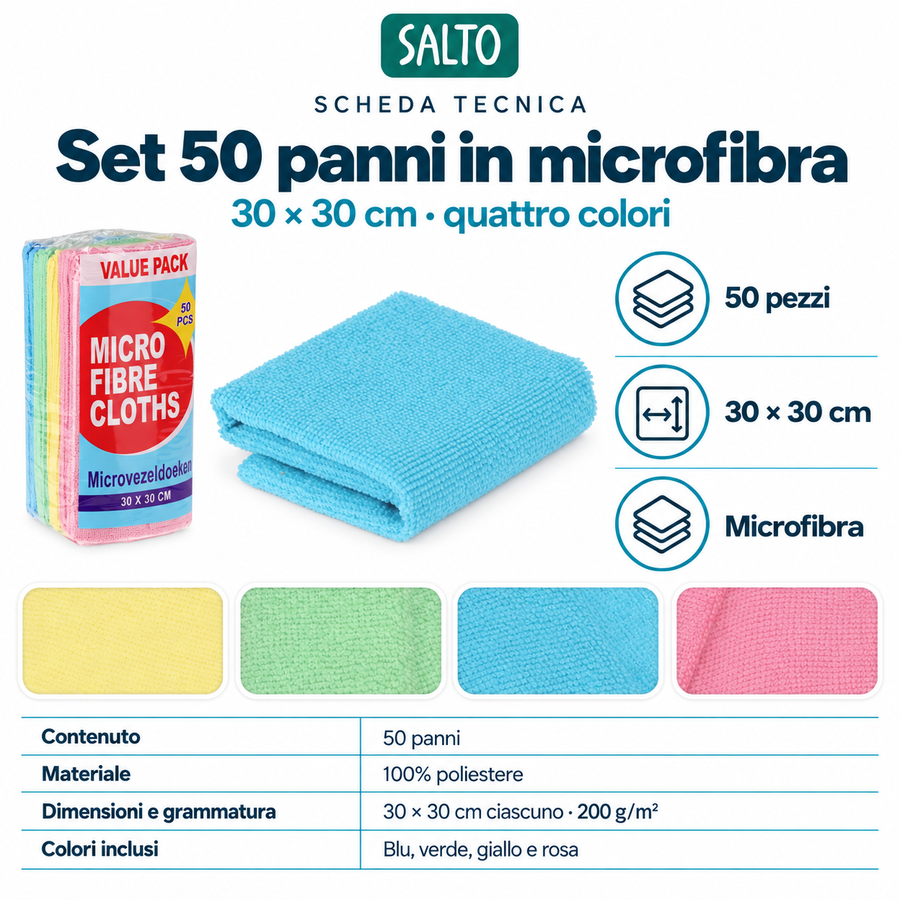 Set 50 panni in microfibra, 30 x 30 cm