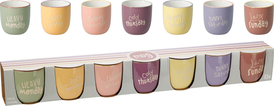 Set di 7 mug in ceramica, giorni della settimana, 220 ml