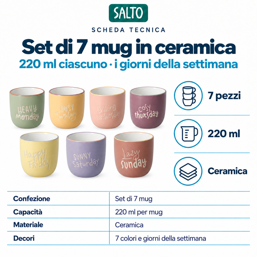 Set di 7 mug in ceramica, giorni della settimana, 220 ml