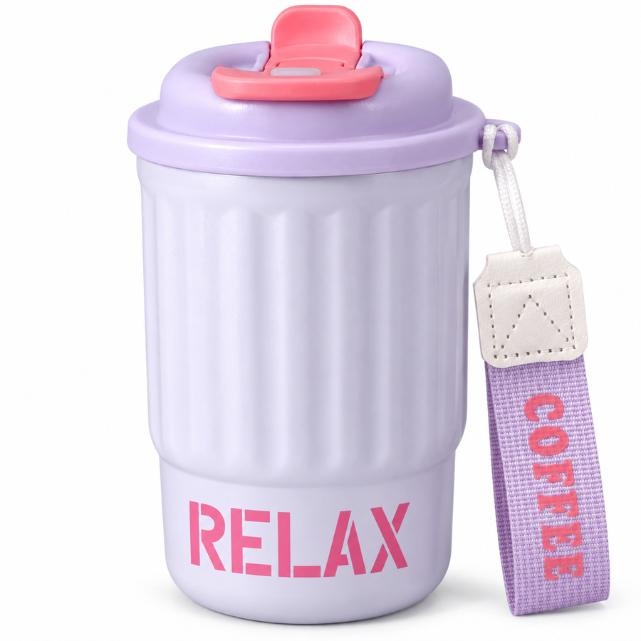 Borraccia termica Relax lilla con cordino, 400 ml