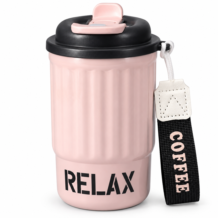 Borraccia termica Relax rosa con cordino, 400 ml