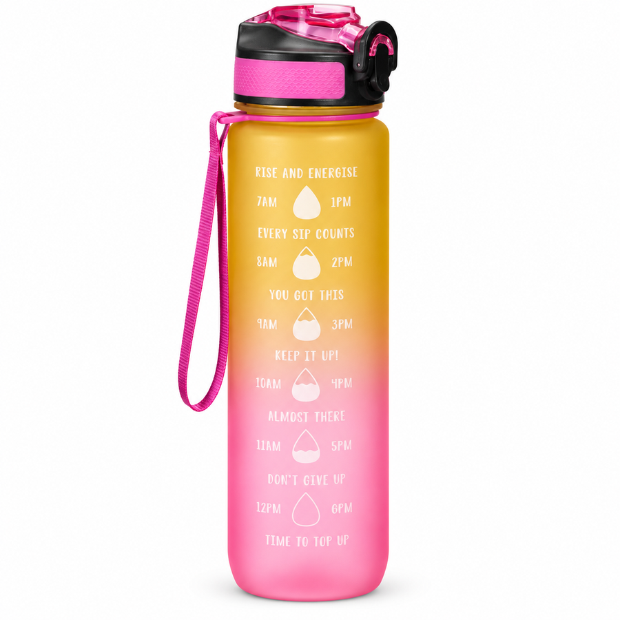 Borraccia sportiva giallo e rosa con cannuccia, 1 litro