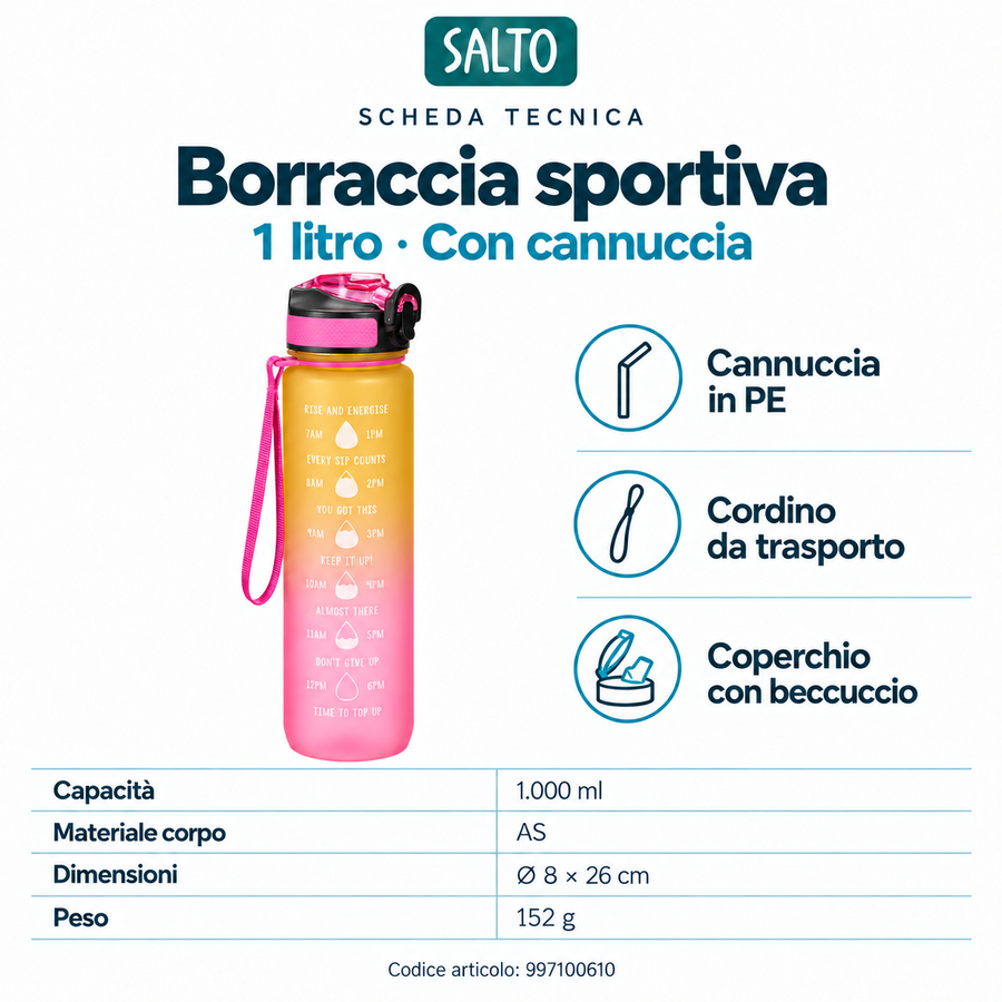 Borraccia sportiva giallo e rosa con cannuccia, 1 litro