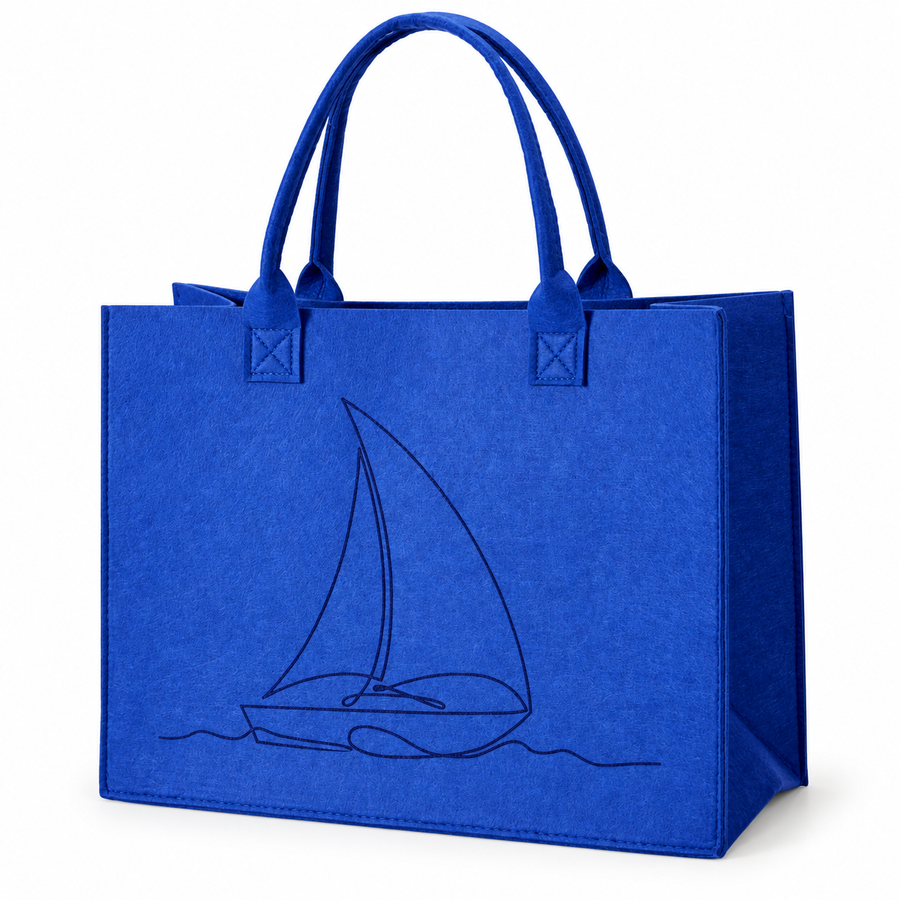 Blue felt bag with boat, 44 × 34 × 18 cm