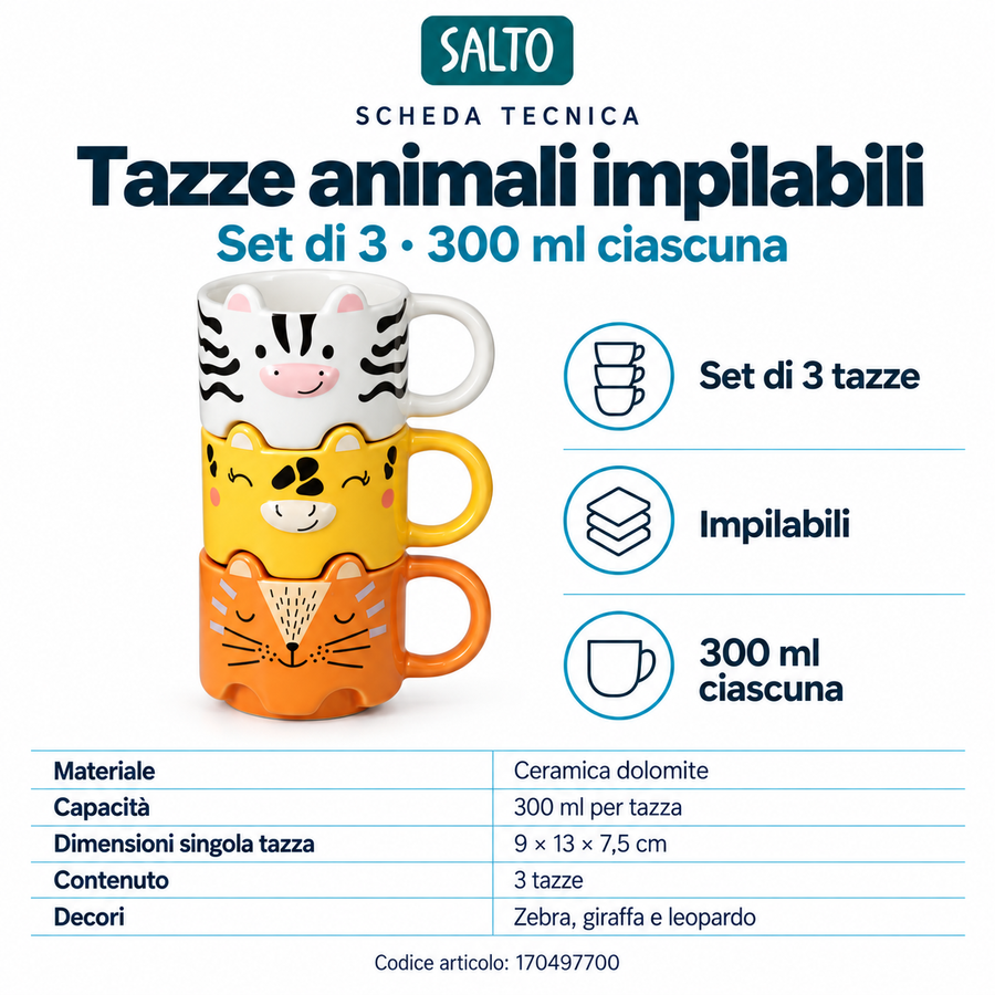 Set of 3 stackable animal cups: Zebra, Giraffe, and Leopard, 300 ml