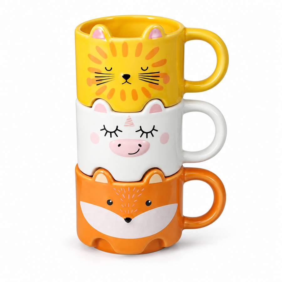 Set of 3 stackable animal cups Lion, Unicorn and Fox, 300 ml