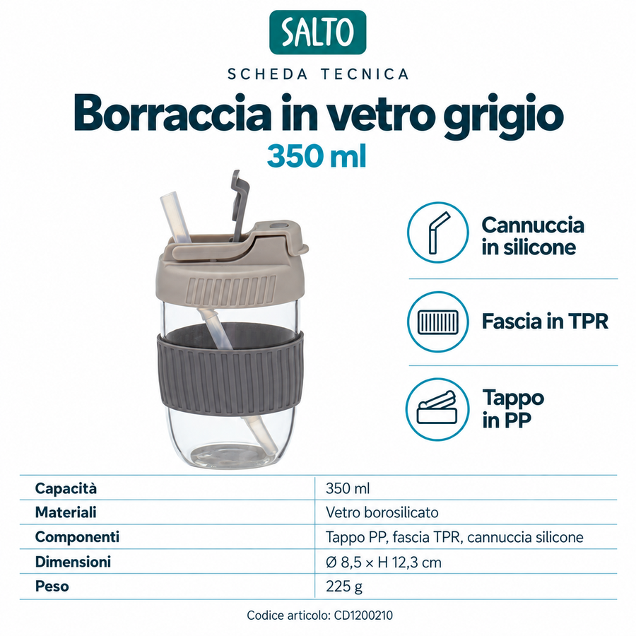 Borraccia in vetro grigio, 350 ml