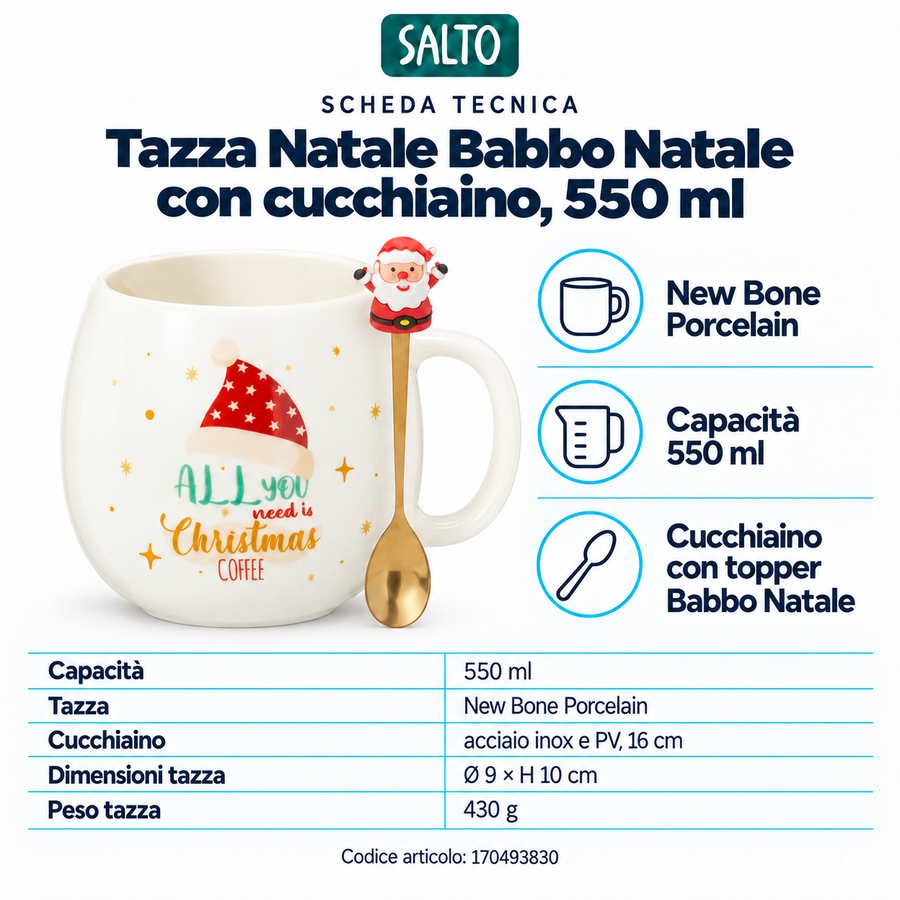 Tazza Natale Babbo Natale con cucchiaino, 550 ml