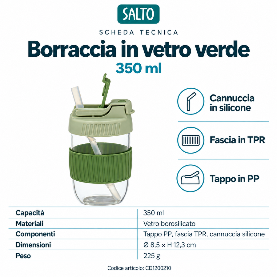 Kit pausa pranzo verde · Borraccia in vetro e lunch box con posate