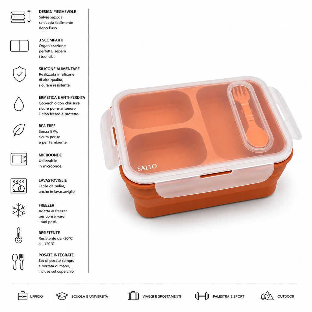SALTO Magic Lunch Box 3 Compartments - Collapsible Silicone Lunch Box