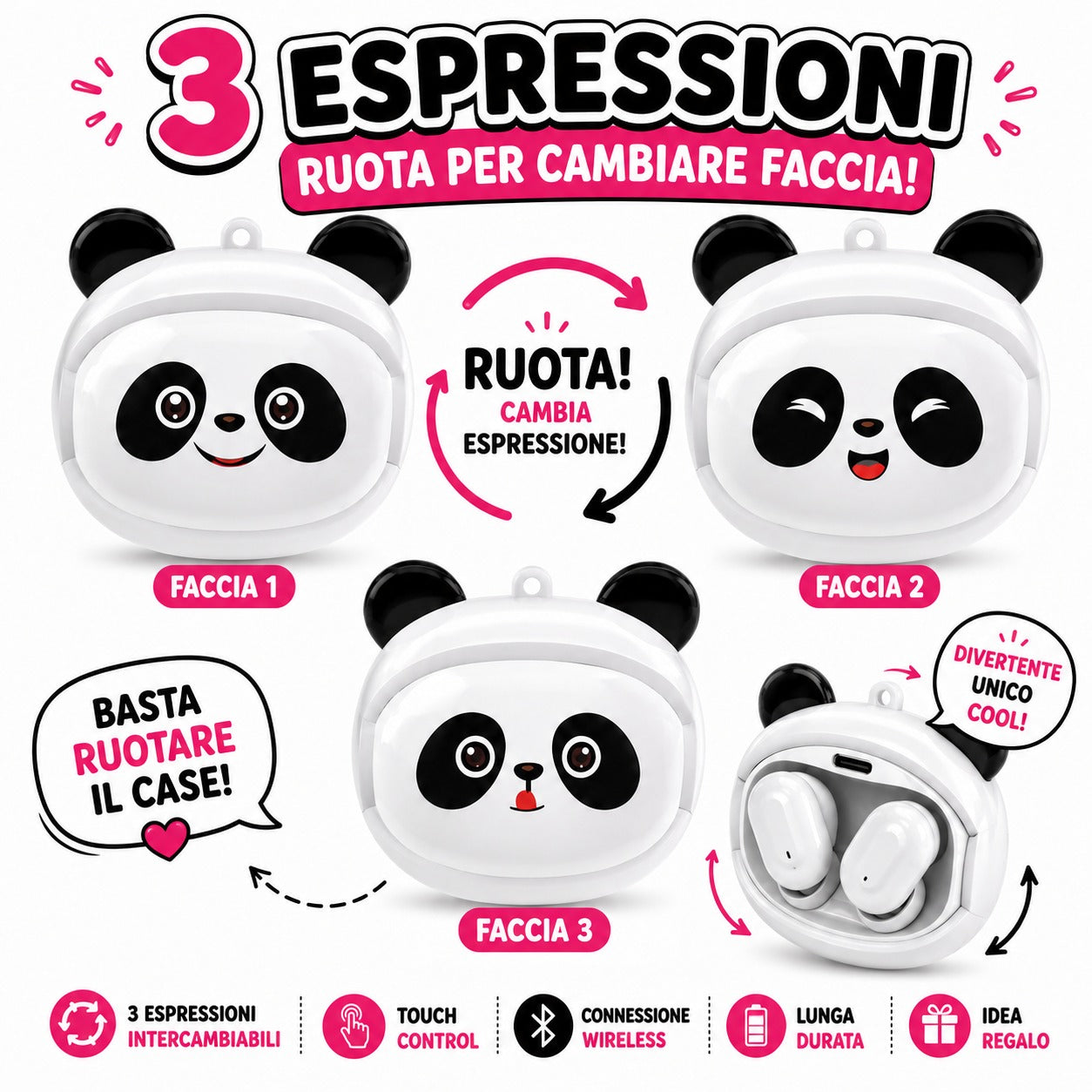 FLIPBUDS Panda - Auricolari TWS con Faccine Intercambiabili