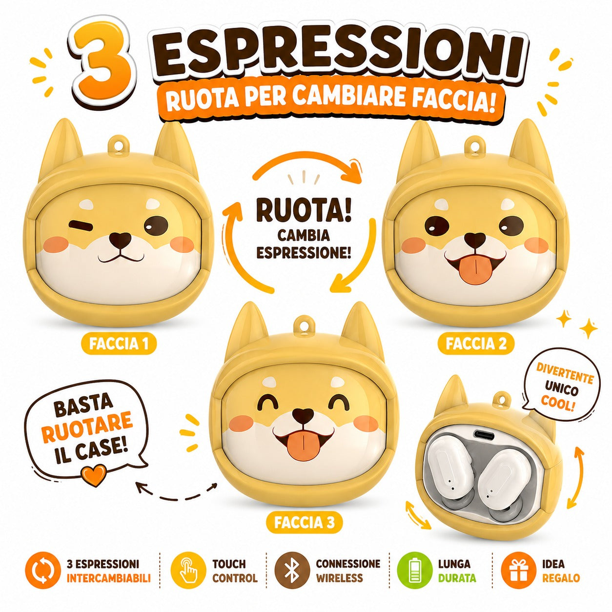 FLIPBUDS Shiba - Auricolari Wireless Shiba Inu con 3 Espressioni