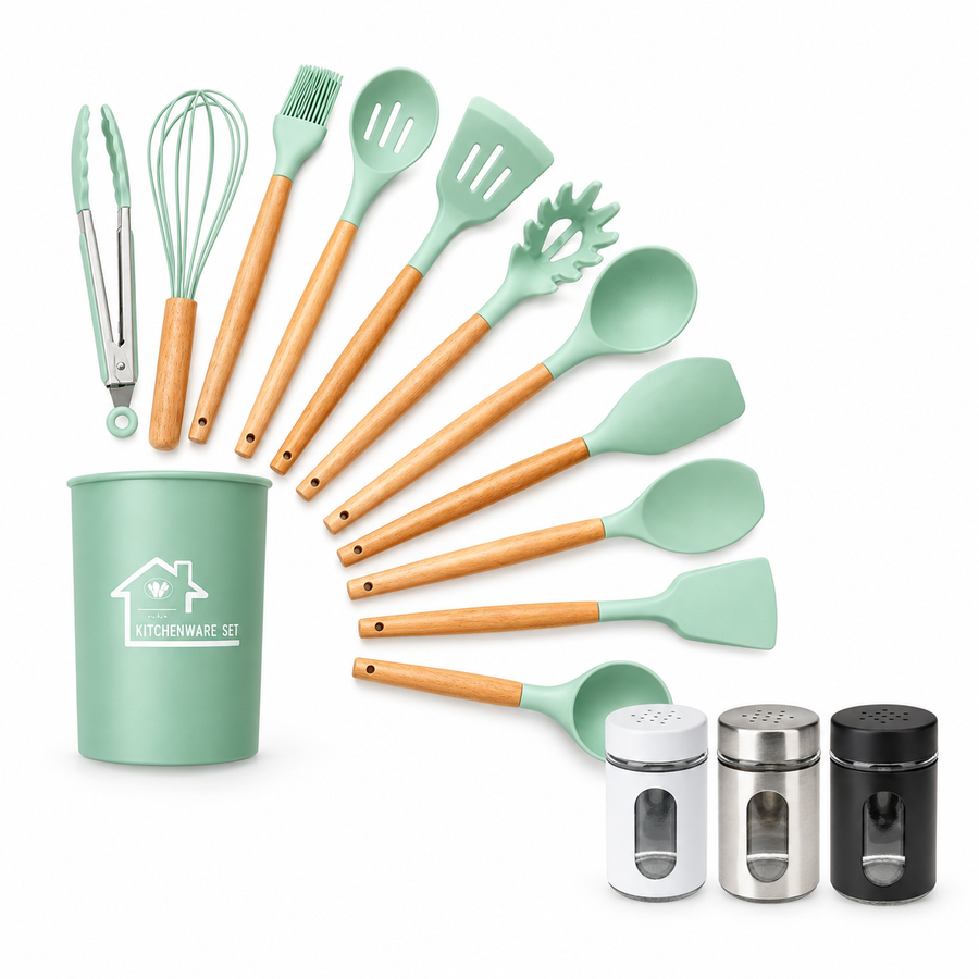 Kit Cucina quotidiana · Set utensili 12 pezzi e set 3 spargisale e pepe