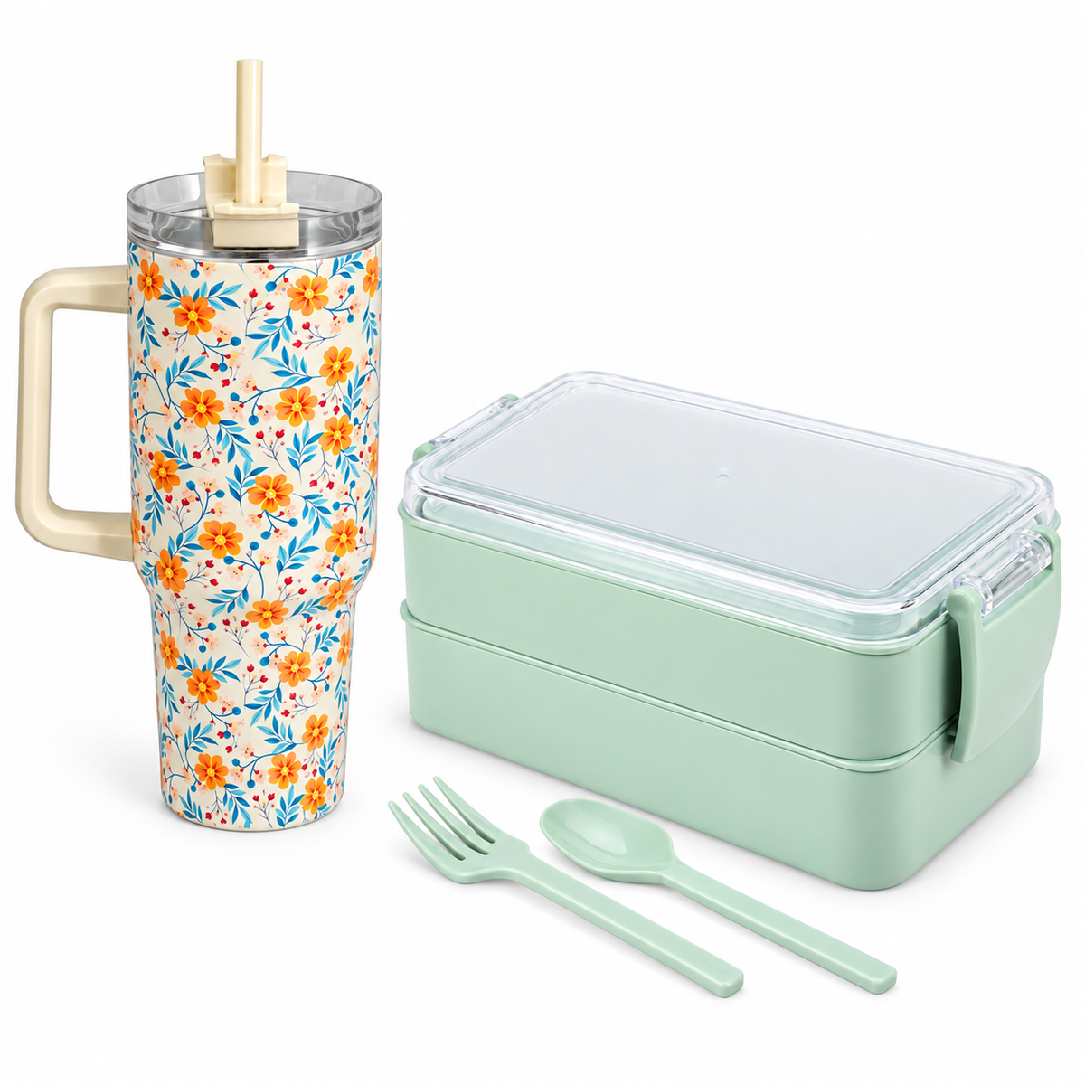 Kit pausa pranzo floreale · Borraccia 1.200 ml e lunch box a due livelli