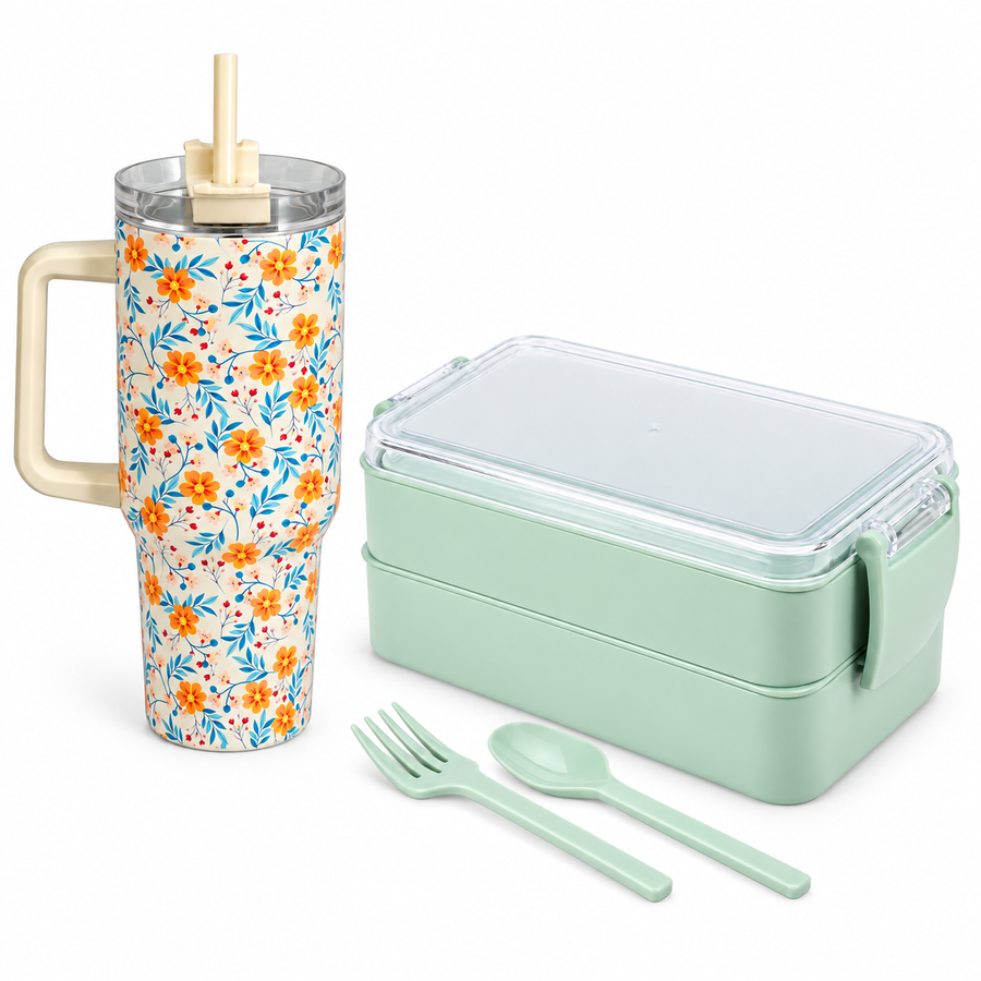 Kit pausa pranzo floreale · Borraccia 1.200 ml e lunch box a due livelli