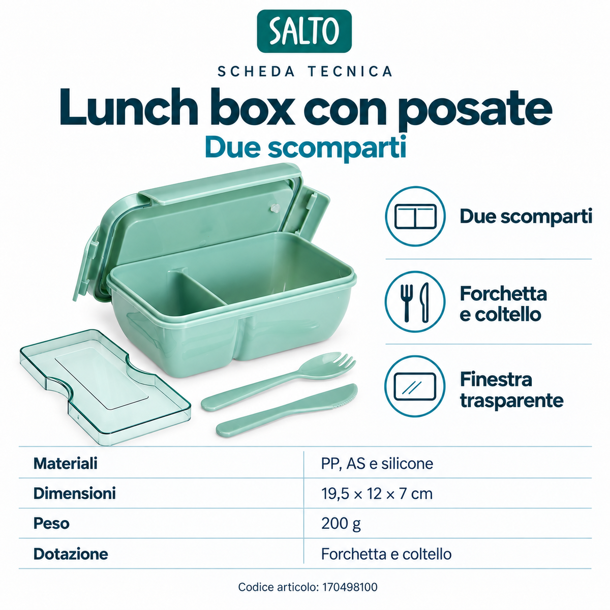 Lunch box verde a due scomparti con posate