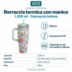 Borraccia termica floreale verde menta con manico e cannuccia, 1200 ml