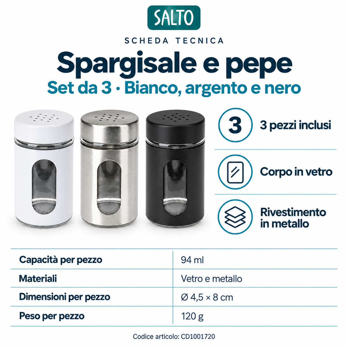 Set di 3 spargisale e pepe · Bianco, argento e nero, 94 ml