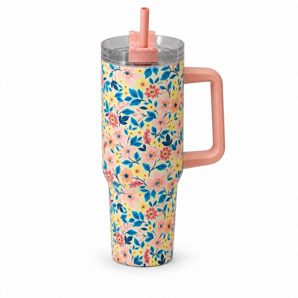 Borraccia termica floreale rosa con manico e cannuccia, 1200 ml