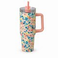 Borraccia termica floreale rosa con manico e cannuccia, 1200 ml