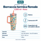 Borraccia termica floreale rosa con manico e cannuccia, 1200 ml