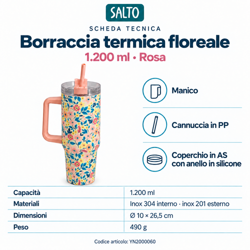 Borraccia termica floreale rosa con manico e cannuccia, 1200 ml
