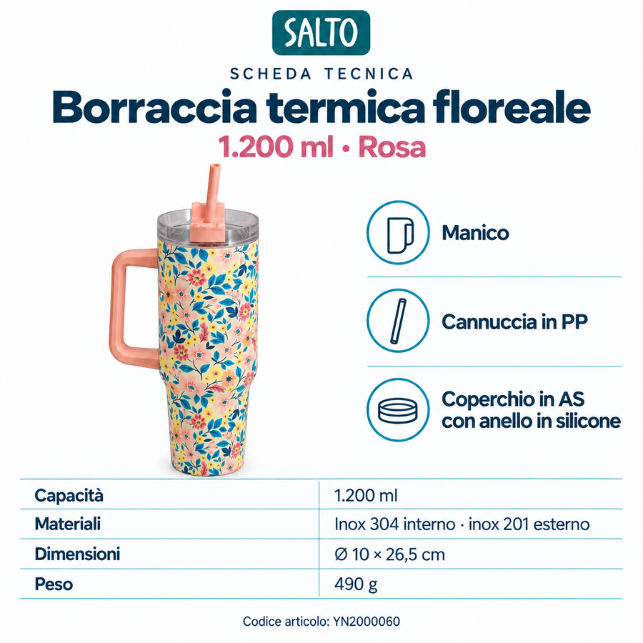 Borraccia termica floreale rosa con manico e cannuccia, 1200 ml
