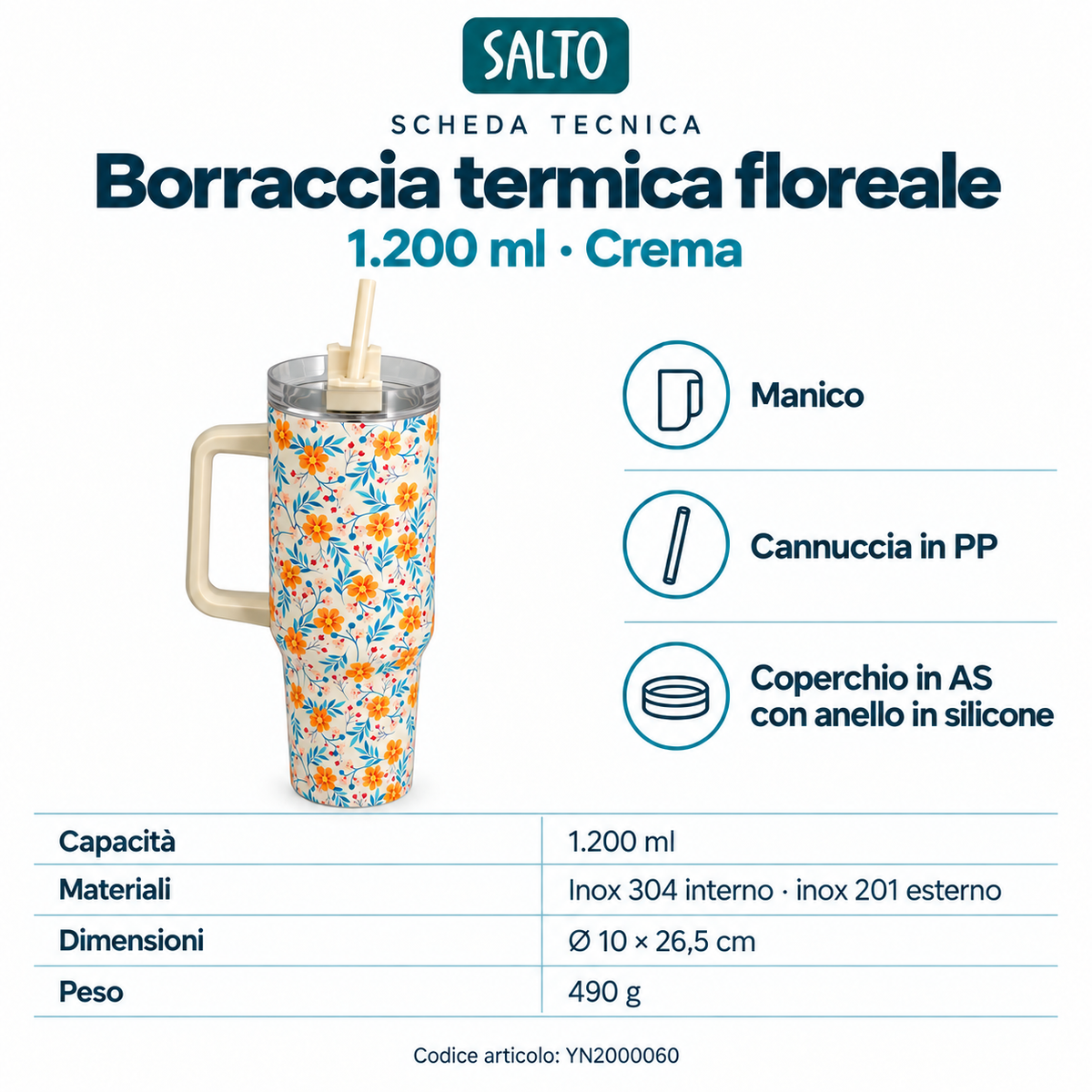Borraccia termica floreale crema con manico e cannuccia, 1200 ml