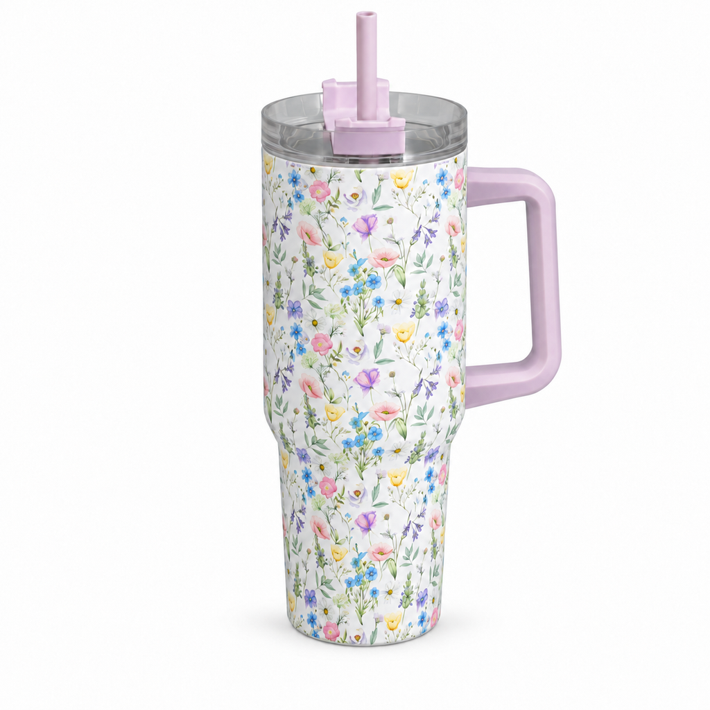 Borraccia termica floreale lilla con manico e cannuccia, 1200 ml