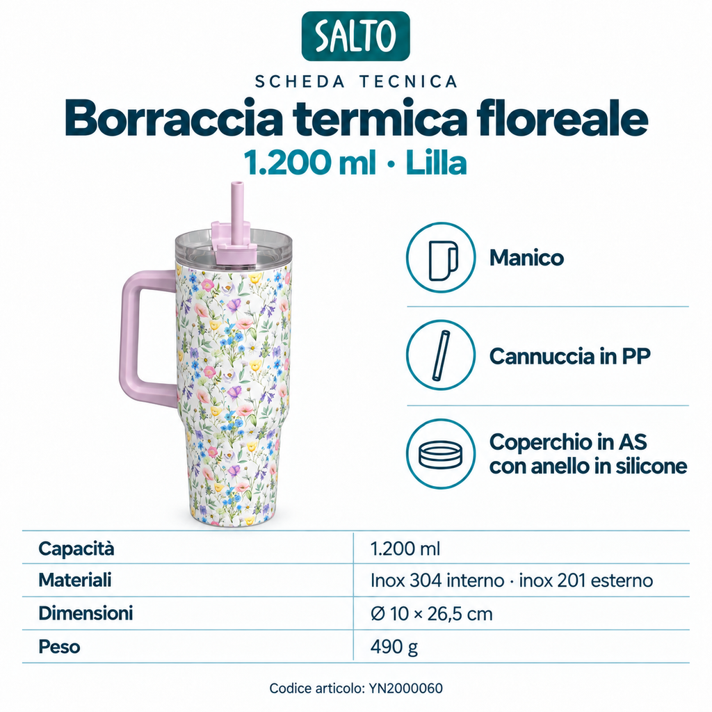 Borraccia termica floreale lilla con manico e cannuccia, 1200 ml