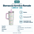 Borraccia termica floreale lilla con manico e cannuccia, 1200 ml