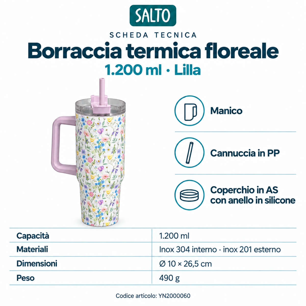 Borraccia termica floreale lilla con manico e cannuccia, 1200 ml