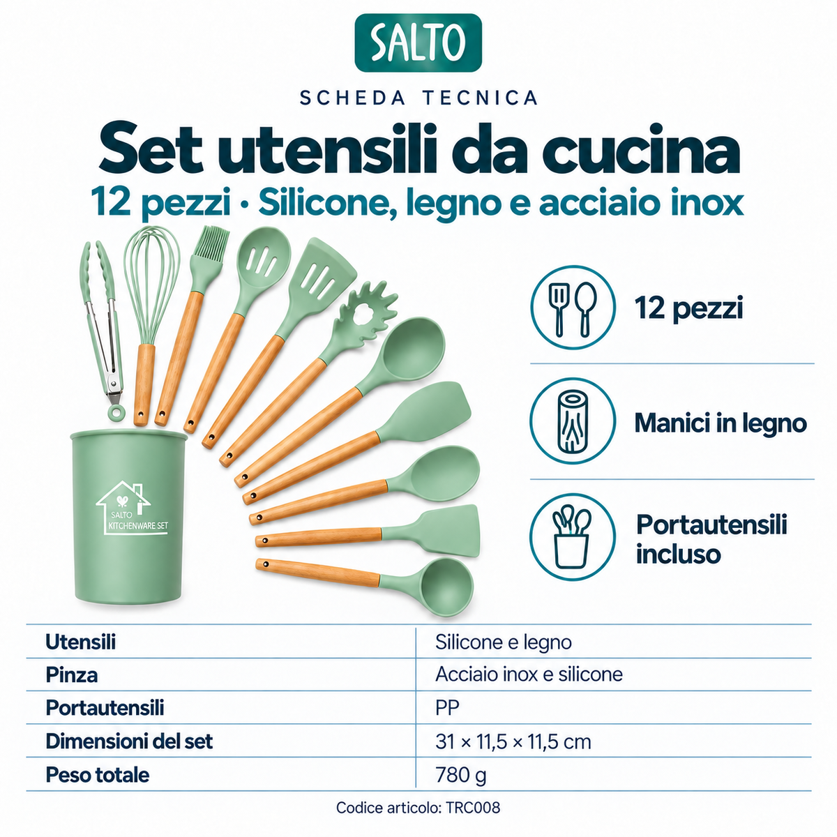 Salto · Set cucina 12 pezzi in silicone e legno