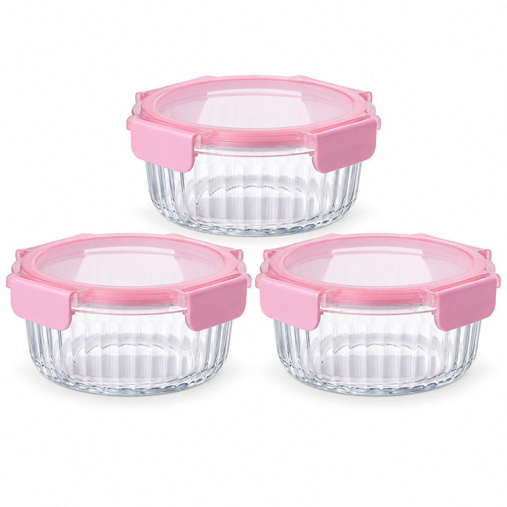 Set 3 contenitori in vetro rosa, 640 ml ciascuno