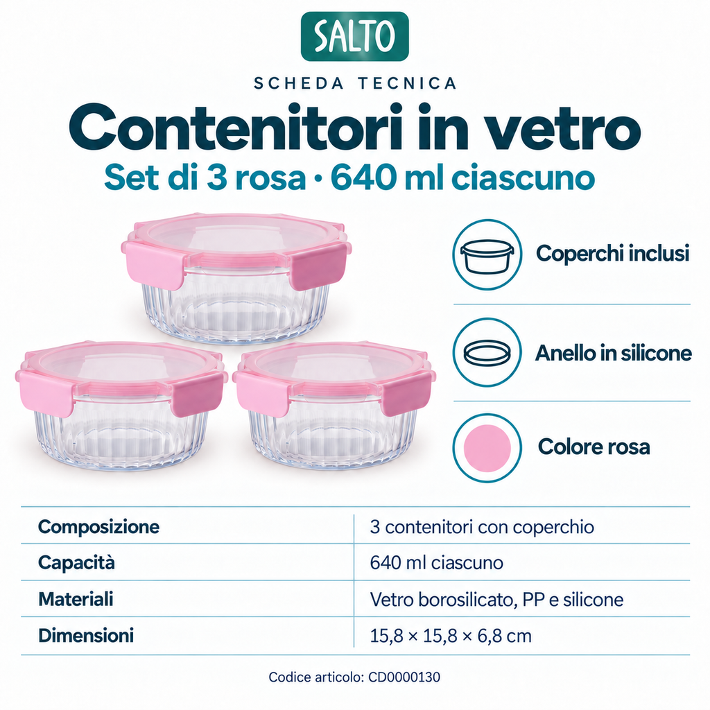 Set 3 contenitori in vetro rosa, 640 ml ciascuno