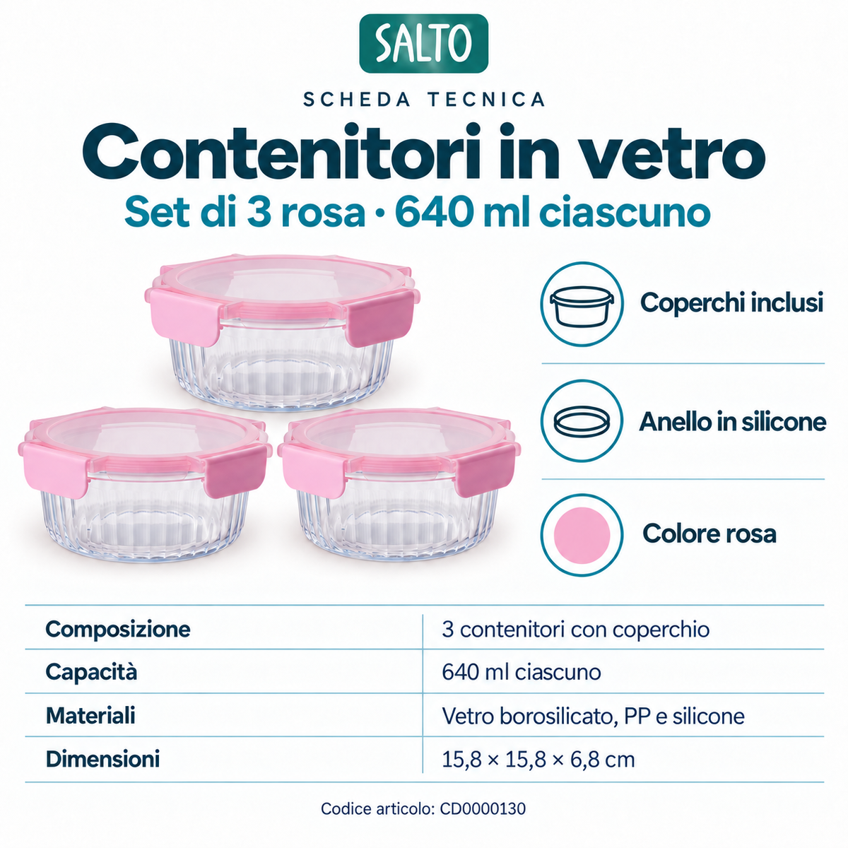 Set 3 contenitori in vetro rosa, 640 ml ciascuno