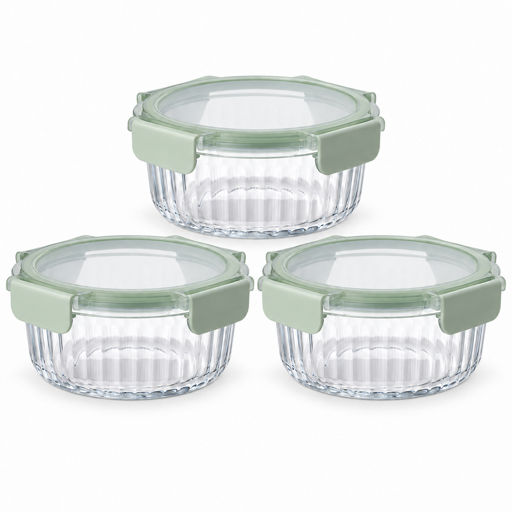 Set of 3 green glass containers, 640 ml each