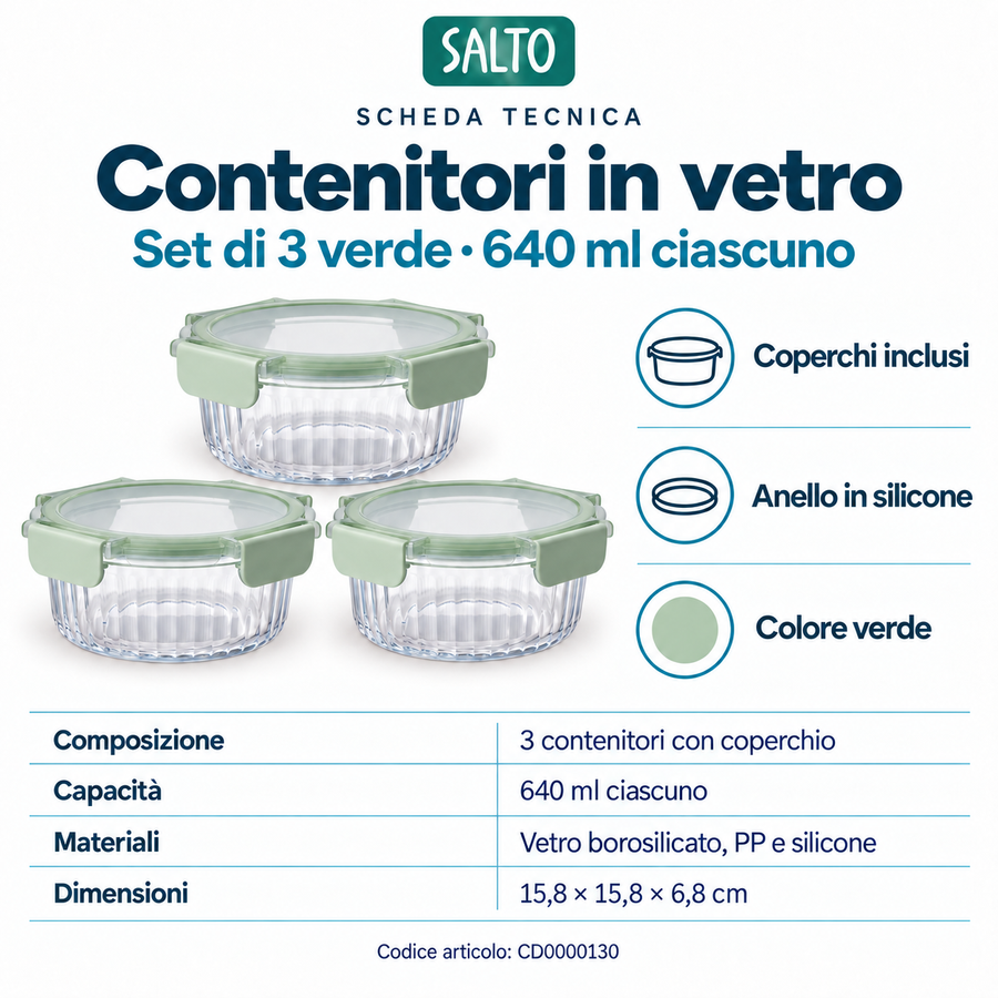Set 3 contenitori in vetro verde, 640 ml ciascuno