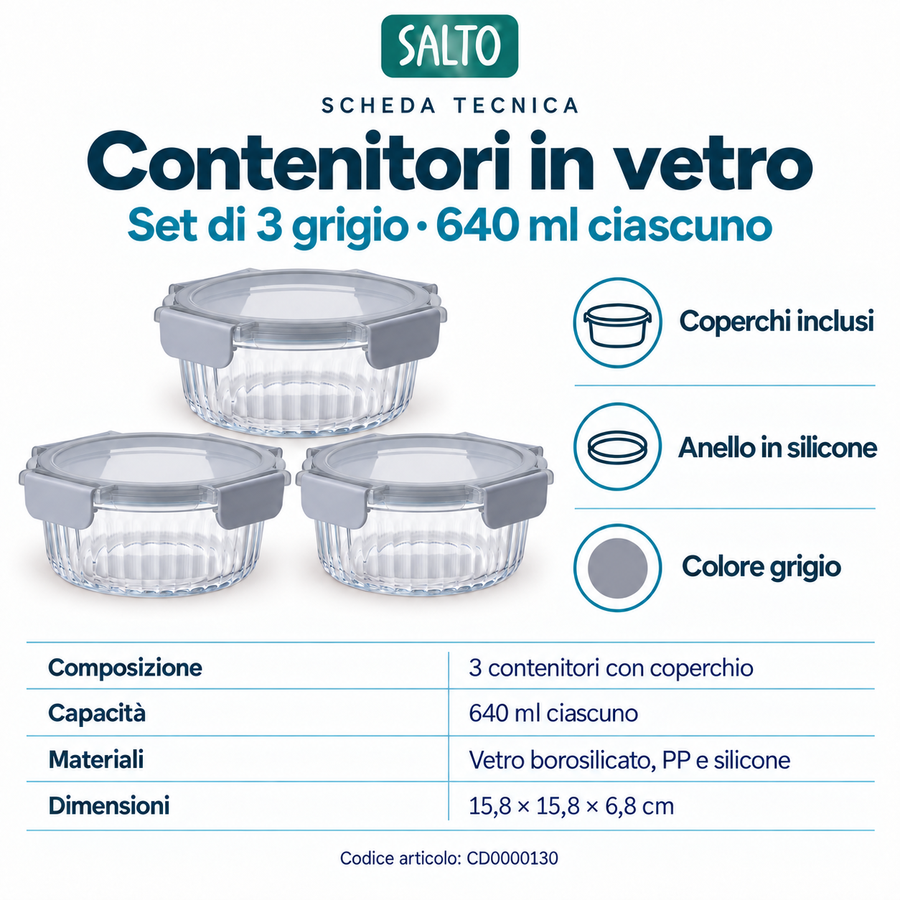 Set 3 contenitori in vetro grigio, 640 ml ciascuno