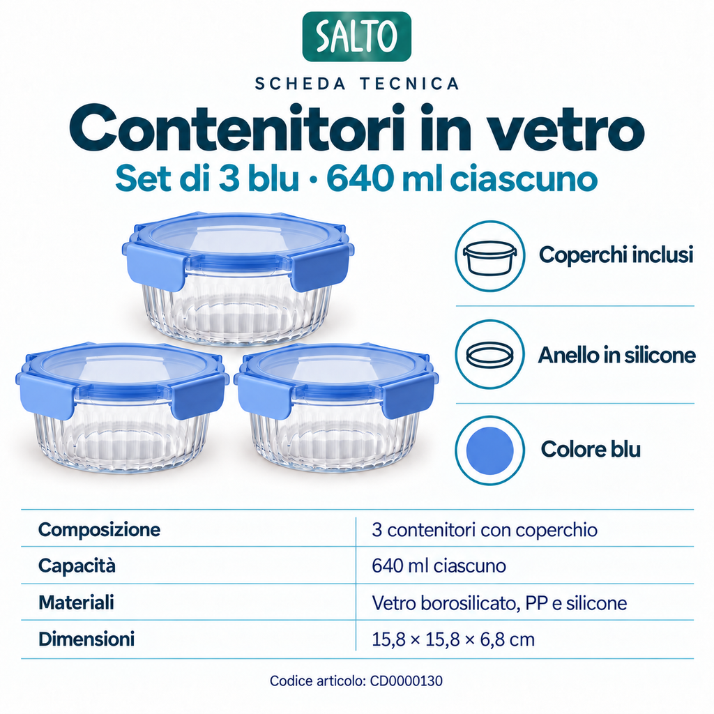 Set 3 contenitori in vetro blu, 640 ml ciascuno
