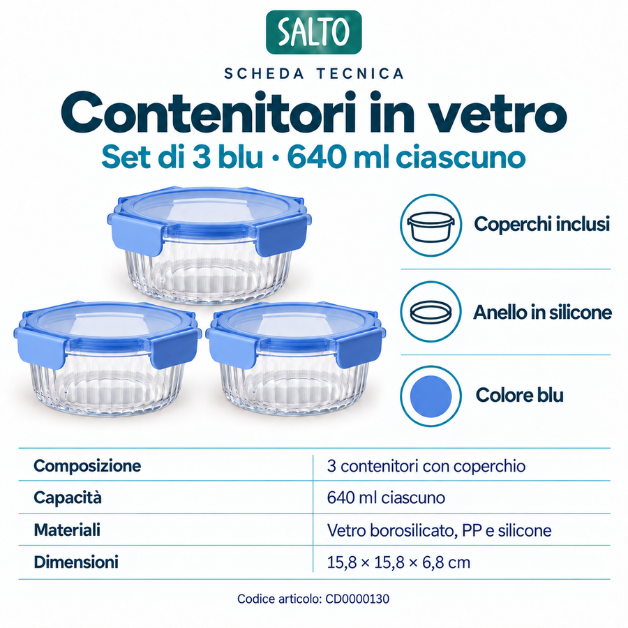Set 3 contenitori in vetro blu, 640 ml ciascuno