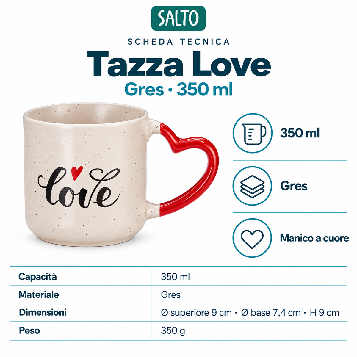 Tazza Love con manico a cuore, 350 ml