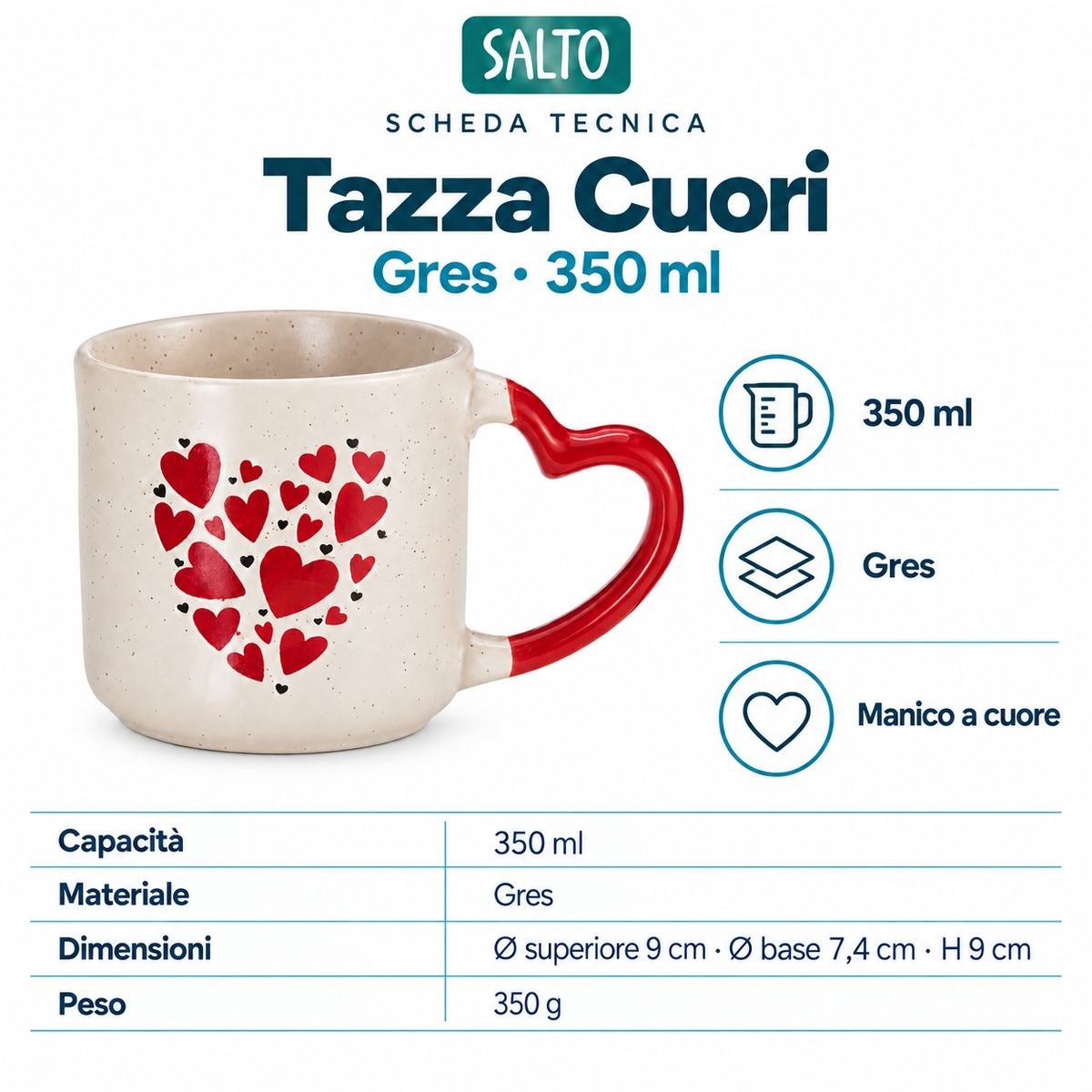 Tazza Cuori con manico a cuore, 350 ml