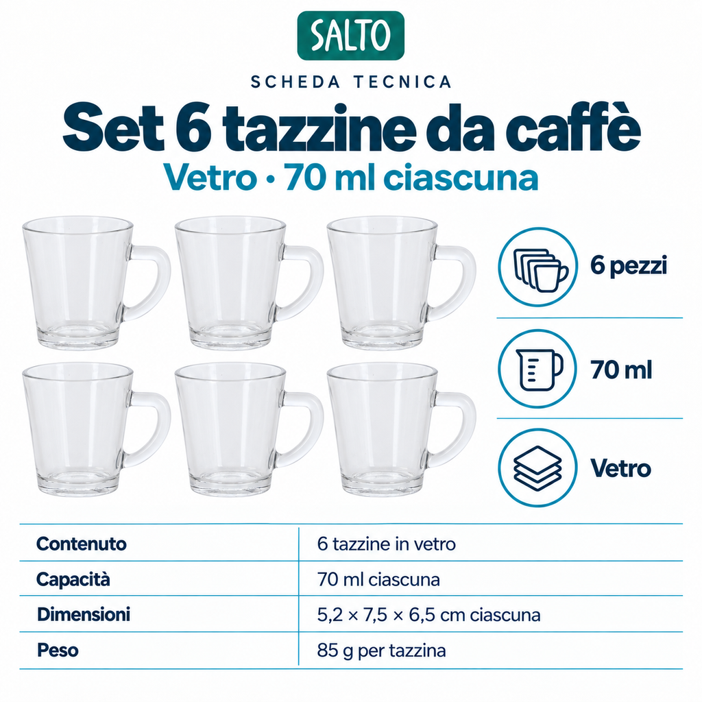 Set 6 tazzine da caffè in vetro, 70 ml