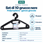 Set di 10 grucce nere in polipropilene, gancio girevole
