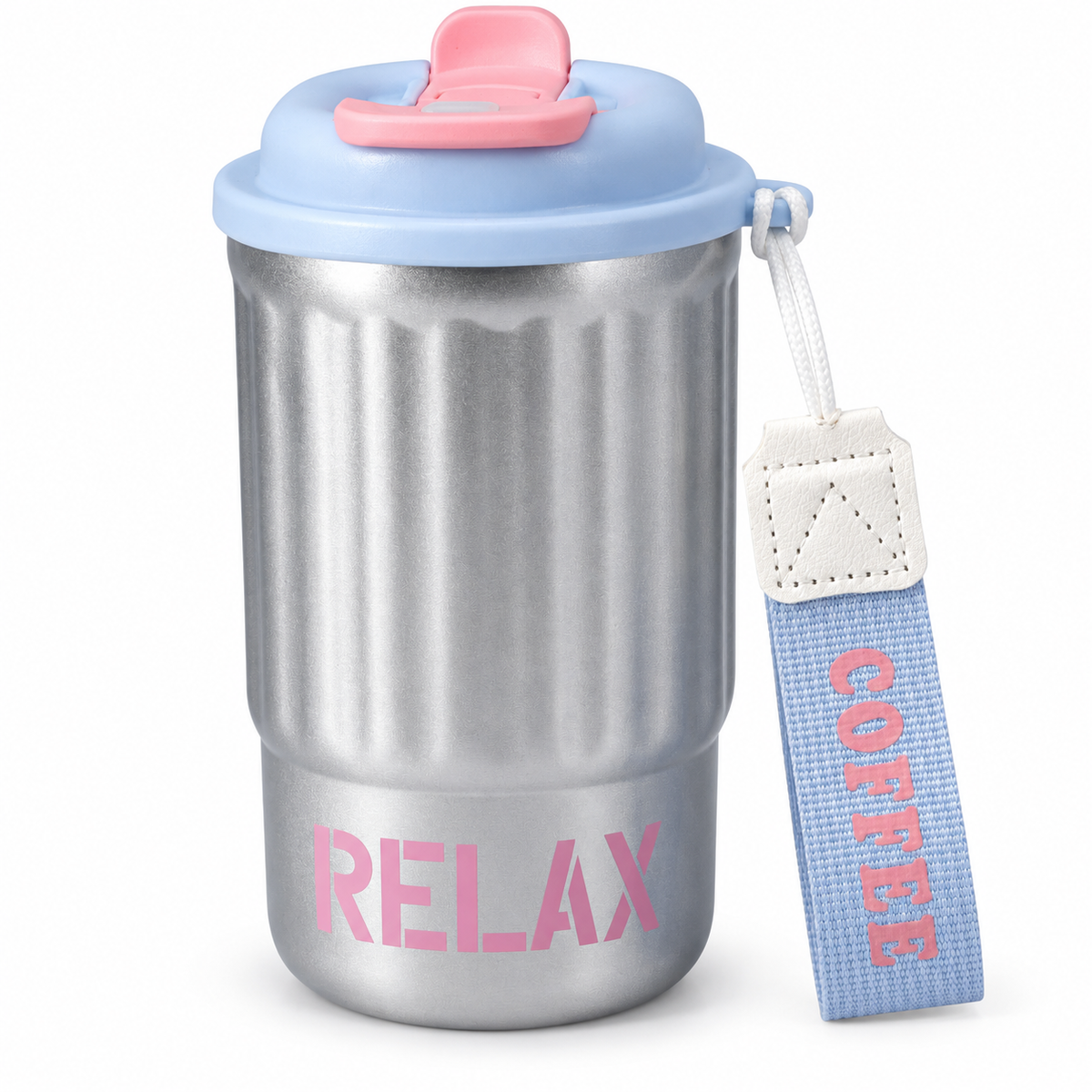 Borraccia termica Relax blu e argento con cordino, 400 ml